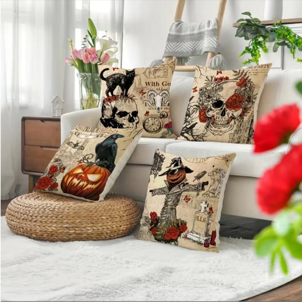 4pcs Vintage Halloween Throw Pillow Covers For Black Cat/Crow/Pumpkin/Skull Thro